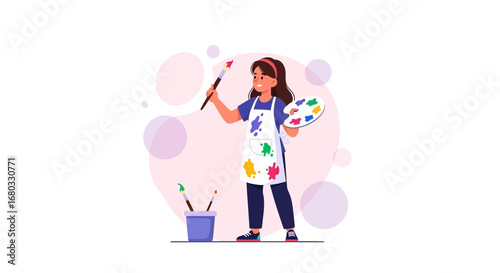 Artist girl with palette and brush ready to paint her artwork and make art isolated