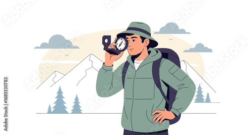 Adventurous Hiker Uses a Compass in Mountainous Region for Exploration During Trip