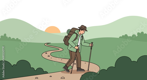 Adventurous Hiker Walking Along A Winding Trail Towards A Rising Sun Silhouette