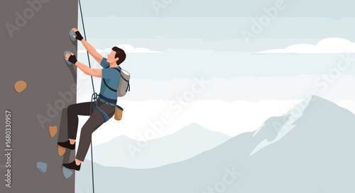 Adventurous Individual Ascending a Rocky Surface: Strength and Mountains in the Background