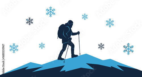 Adventurous Journey Through Winter Terrain, Reaching The Summit Of Snowy Mountains