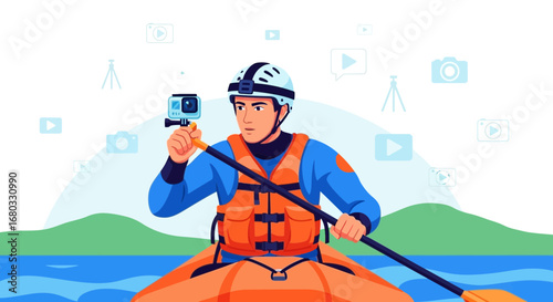 Adventurous Kayaker Capturing Waterborne Moments with Action Camera for Exciting Content