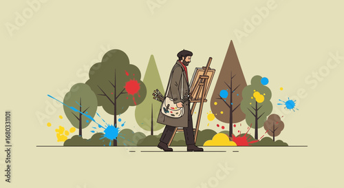 Artist walking with a canvas through a park with colorful paint splatter decorations and trees