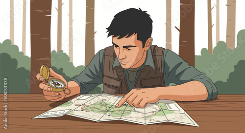 Adventurous Man Exploring Woods with A Map and Compass for Navigation Purpose