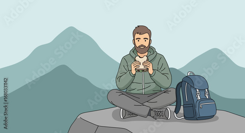 Adventurous man enjoying sandwich and mountain view during hiking rest