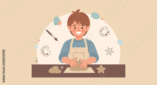 Artistic Boy Crafting Pottery Smiling While Wearing an Apron At His Crafting Station