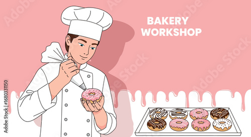 Artistic Baker Adorning Sweet Doughnut Before Presentation in a Bakery Workshop Scene