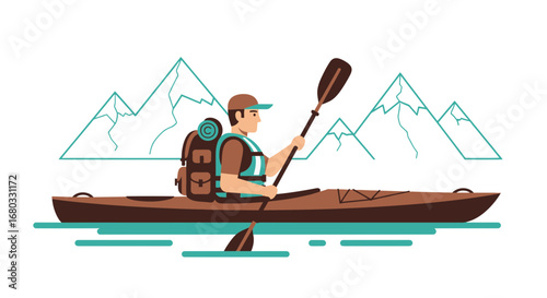 Adventurous Man Kayaking on Calm Water with Mountain Scenery, Vector Illustration