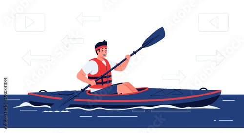 Adventurous Man Kayaking on Calm Waters with Paddles and Protective Gear Illustrated