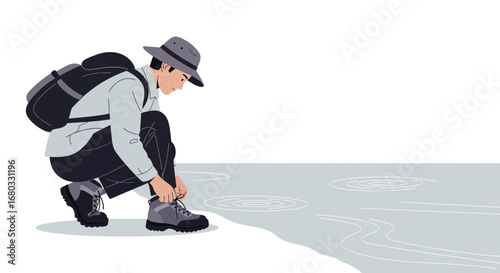 Adventurous Man Lacing Boots In Preparation to Resume Trekking Outdoors Activities