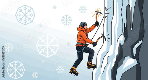 Adventurous Mountaineer Ascends Icy Terrain Amidst Falling Flakes for Adventure