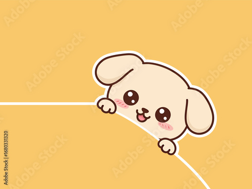 Cute сartoon puppy dog mascot peeking out from behind a wall