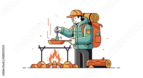 Adventurous Outdoorsman Cooking Over Campfire Beneath The Open Sky During Exploration
