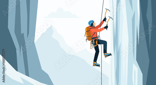 Adventurous Mountaineer Scaling Icy Wall Against Vivid Blue Sky for Extreme Pursuit
