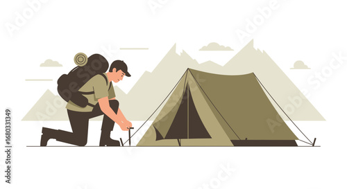 Adventurous Outdoorsman Erecting Tent Amidst Mountainous Scenery For Camping Adventure