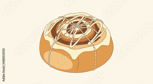 Artistic illustration of a cinnamon roll with white frosting tied with twine