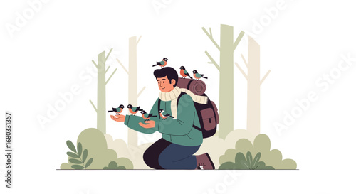 Artistic illustration of a kind man interacting with birds in a serene forest setting