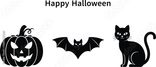 Halloween silhouettes of a pumpkin, bat, and cat with happy halloween text