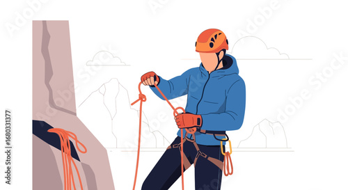 Adventurous Mountaineer Preparing for Climbing With Essential Secure Equipment