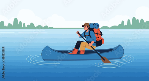 Adventurous Paddler Explores Lake, Embarking On Outdoor Canoe Excursion In Nature