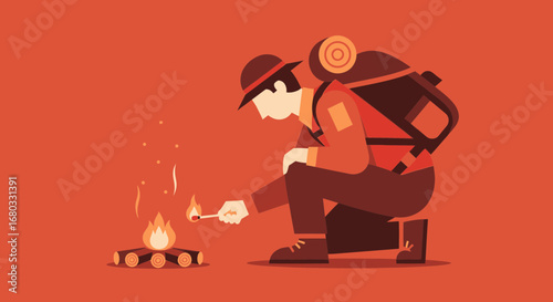 Adventurous Outdoorsman Starting Campfire Preparing For Overnight Expedition