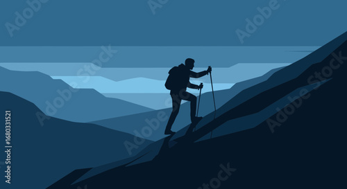 Ascending Into The Mountain Twilight A Silhouette Of A Hiker Conquers The Heights