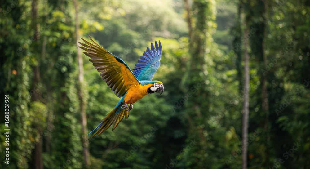 Fototapeta premium Vibrant Blue-and-Yellow Macaw in Flight Through Lush Rainforest