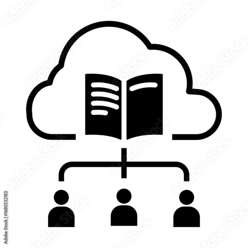 Conceptual icon of online education and collaborative learning, representing a digital library in the cloud accessible to multiple users