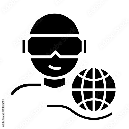 Virtual reality user avatar icon with headset and globe, symbolizing metaverse exploration, digital communication, and online worlds