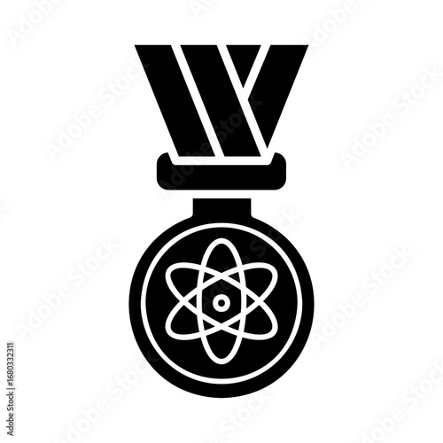 Simple black glyph icon of a science award medal with an atom symbol, representing achievement, victory, and success in scientific fields