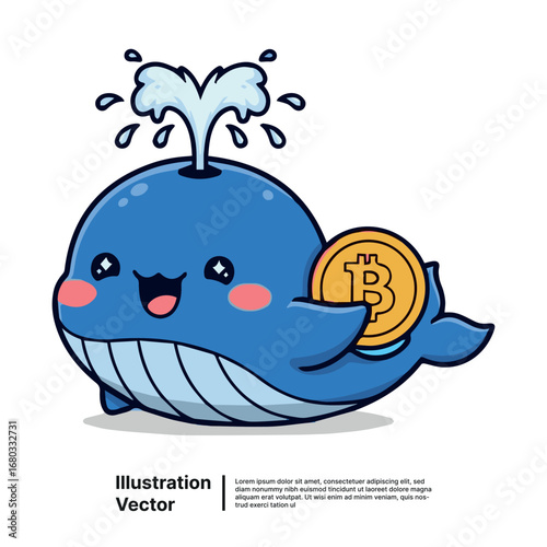 A happy blue cartoon whale character holding a golden cryptocurrency coin illustration