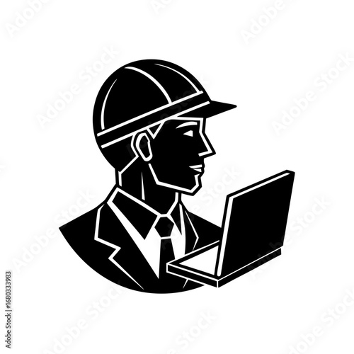 clean vector male profile  hard hat  with a laptop