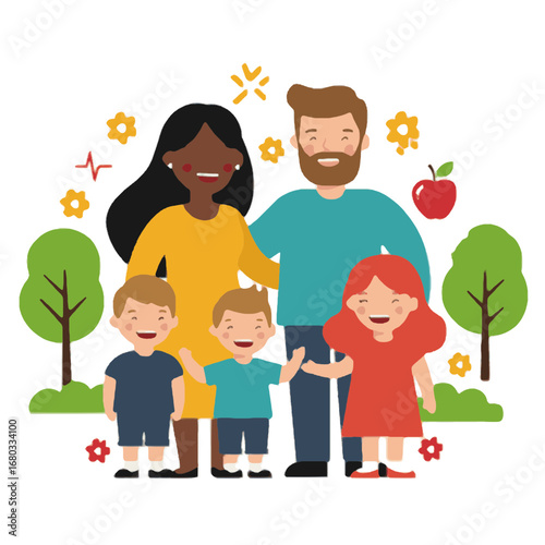Happy family with diverse skin tones, children, and a healthy lifestyle in a park