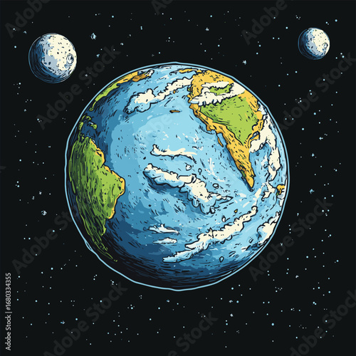 Planet earth and moon on a black background. Cartoon. Vector illustration