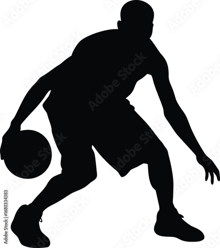 Vector silhouette of a basketball player in a low crossover dribble pose.