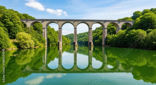 Majestic stone viaduct gracefully arches over a tranquil green river reflecting its beauty on a sunny day