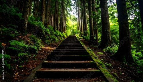 Forest stairs leading to a bright, open space