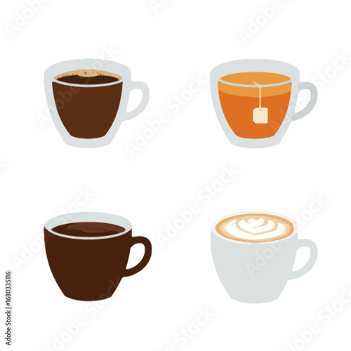 Coffee Tea Latte Drinks Beverages Cups Isolated White Background Vector Illustration
