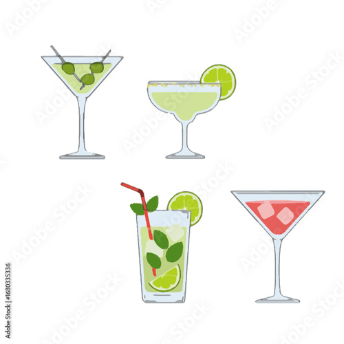 Cocktail Drinks Set Illustrations Martini Margarita Mojito and Cosmopolitan Drinks