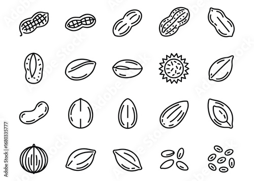 Collection of Line Art Icons Representing Various Nuts and Seeds peanut peanuts