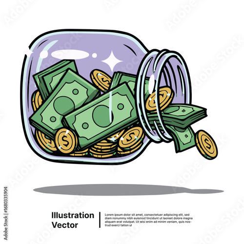 Financial concept of a glass savings jar tipped over spilling out cash and gold coins