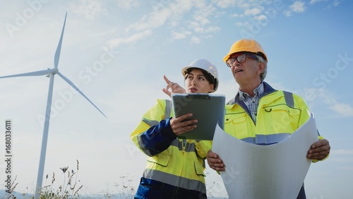 Two Caucasian coworkers standing in middle of large field. Man with glasses holding large building plan. Woman with notepad providing information. Pointing at information on paper. Man listening.