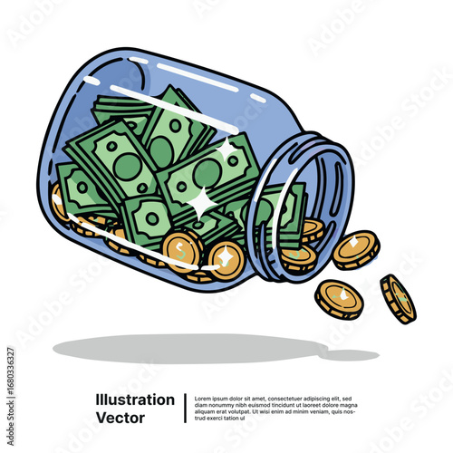 Spilling Wealth Illustrated Jar of Money and Coins Symbolizing Financial Abundance and Savings