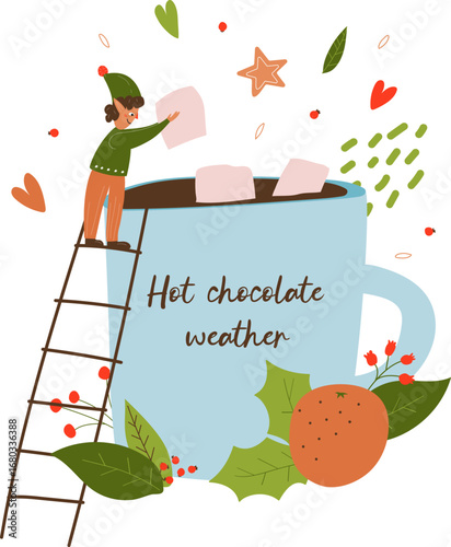 One miniature elve prepare a cup of hot chocolate, coffee, tea. The macrocosm. Christmas Winter New Year Cozy