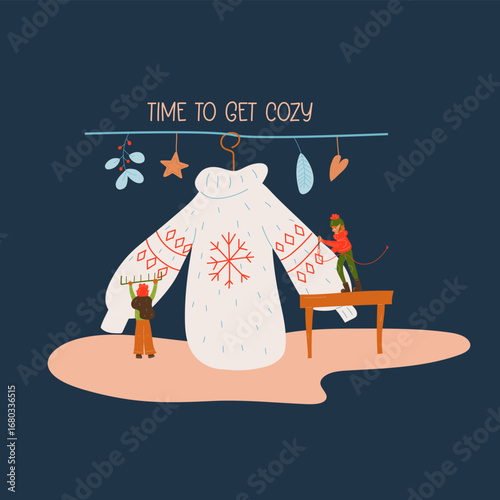 Two miniature elves take care of the sweater. They sew up a sweater. Winter. New Year. Christmas Cozy