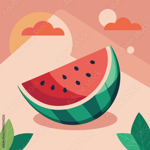 Slice of watermelon with seeds on a light green background, vector illustration