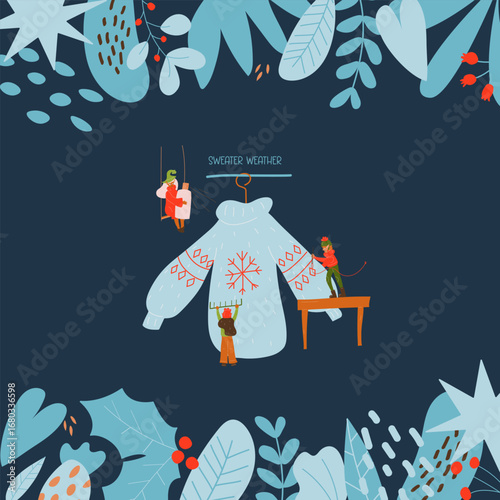 Three miniature elves take care of the sweater. They sew up a sweater. Winter. New Year. Christmas