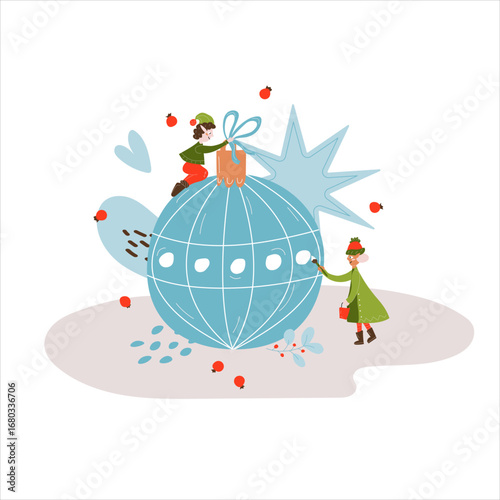 Two miniature elves decorate a Christmas tree decoration. Winter. New Year. Christmas. Christmas ball New Year's ball, Christmas 