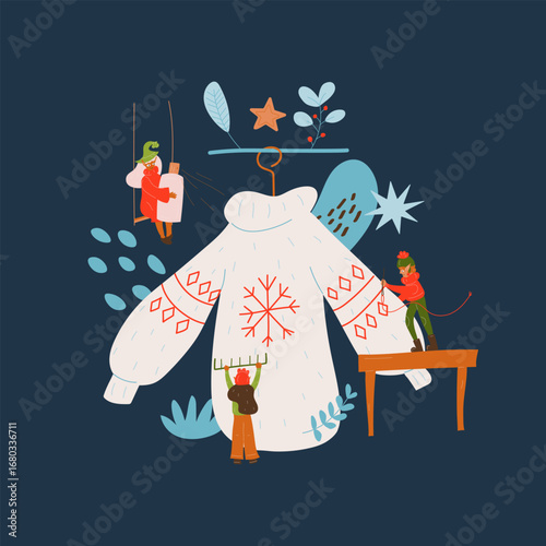 Three miniature elves take care of the sweater. They sew up a sweater. Winter. New Year. Christmas