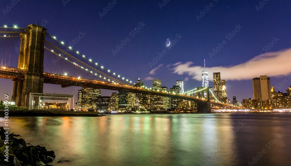 Obraz premium Night cityscape with a bridge, illuminated, reflecting in calm water under a crescent moon